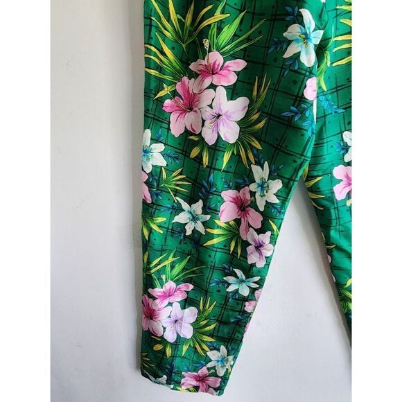 Anne Carson Women Green w/Multicolor Floral 100% Silk Trouser Pants size 8 - Picture 2 of 7